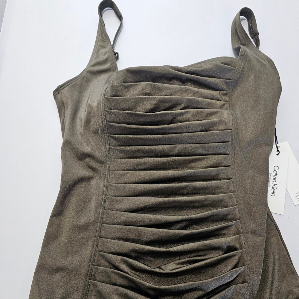 Calvin Klein Shimmer Pleated One Piece Swimsuit Bronze - Picture 6 of 12